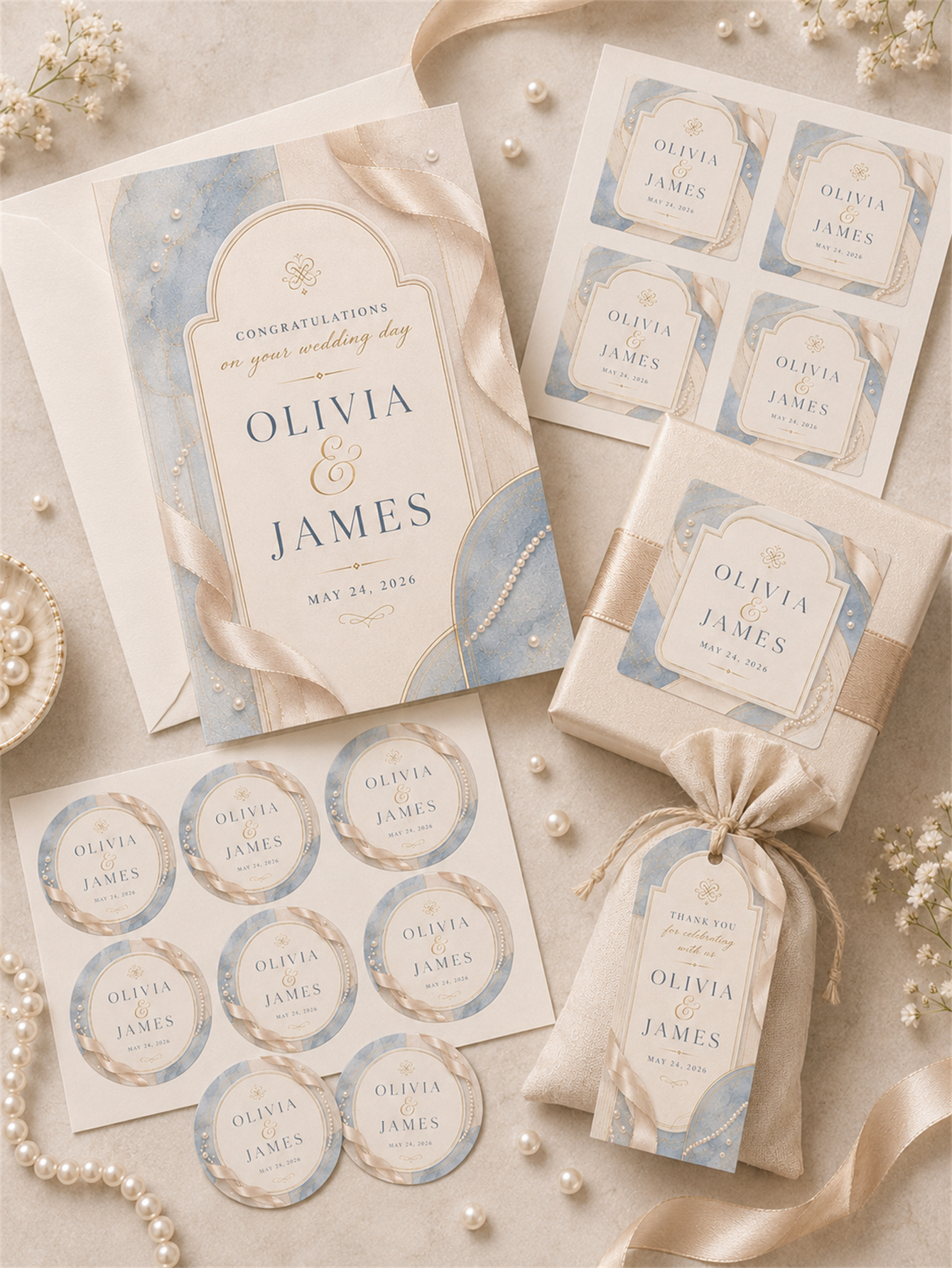 Elegant gray-blue and champagne gold wedding decorations - romantic and elegant wedding - arched frame design with ribbons and pearls as embellishments - custom name and date